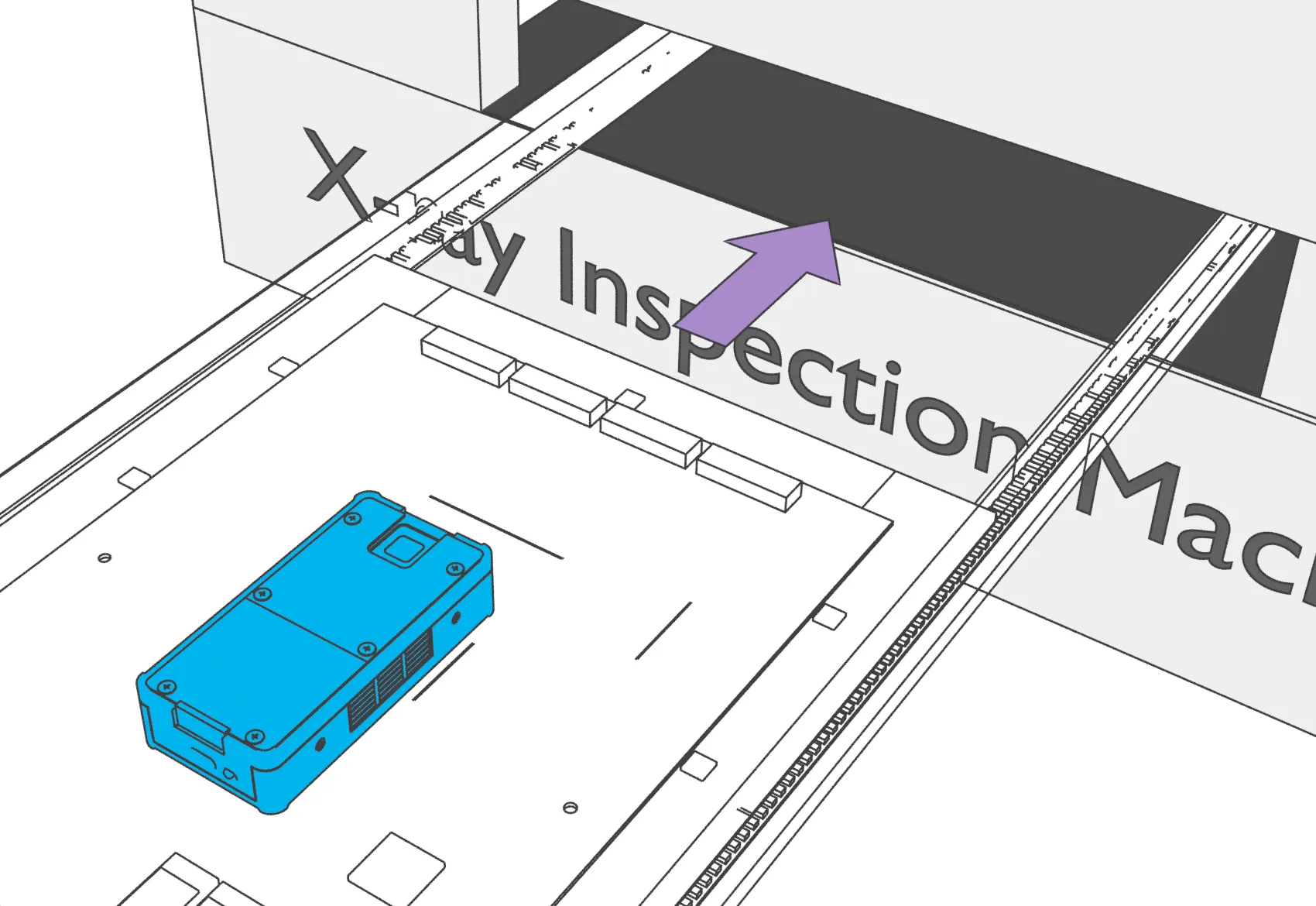 Sketch: a PCB with XD3 attached rides the conveyor into an X-ray inspection machine, an arrow showing the board entering the opening.
