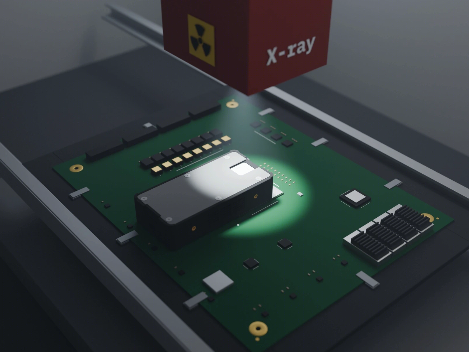 XD3 dosimeter lying face-down on a large chip on a PCB inside an X-ray inspection machine, its detector window under the beam. The source above the board is marked with a radiation trefoil and the word X-ray.