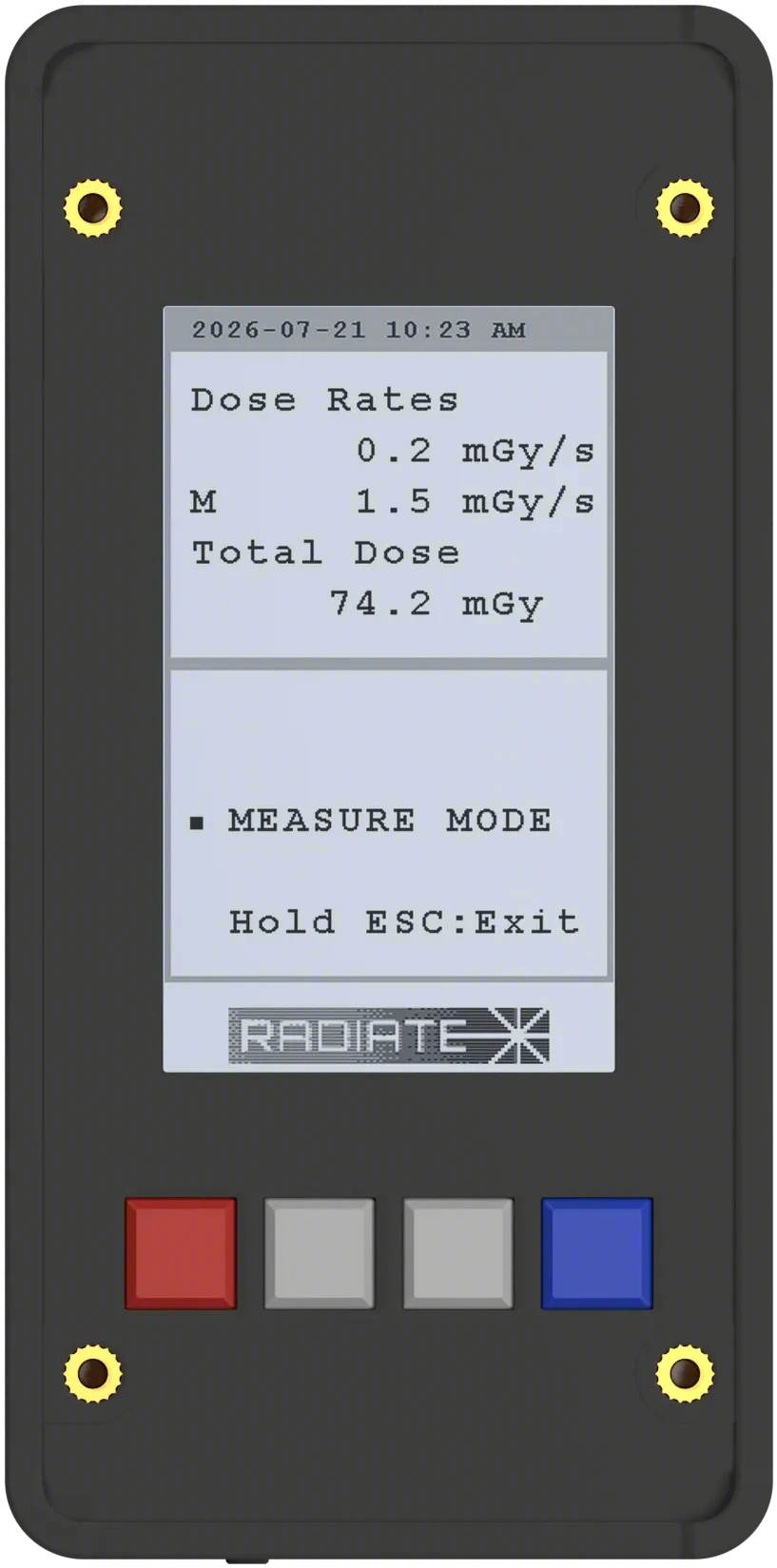 XD3 front: the e-paper display in measure mode, reading dose rates and total dose, with four buttons below it.